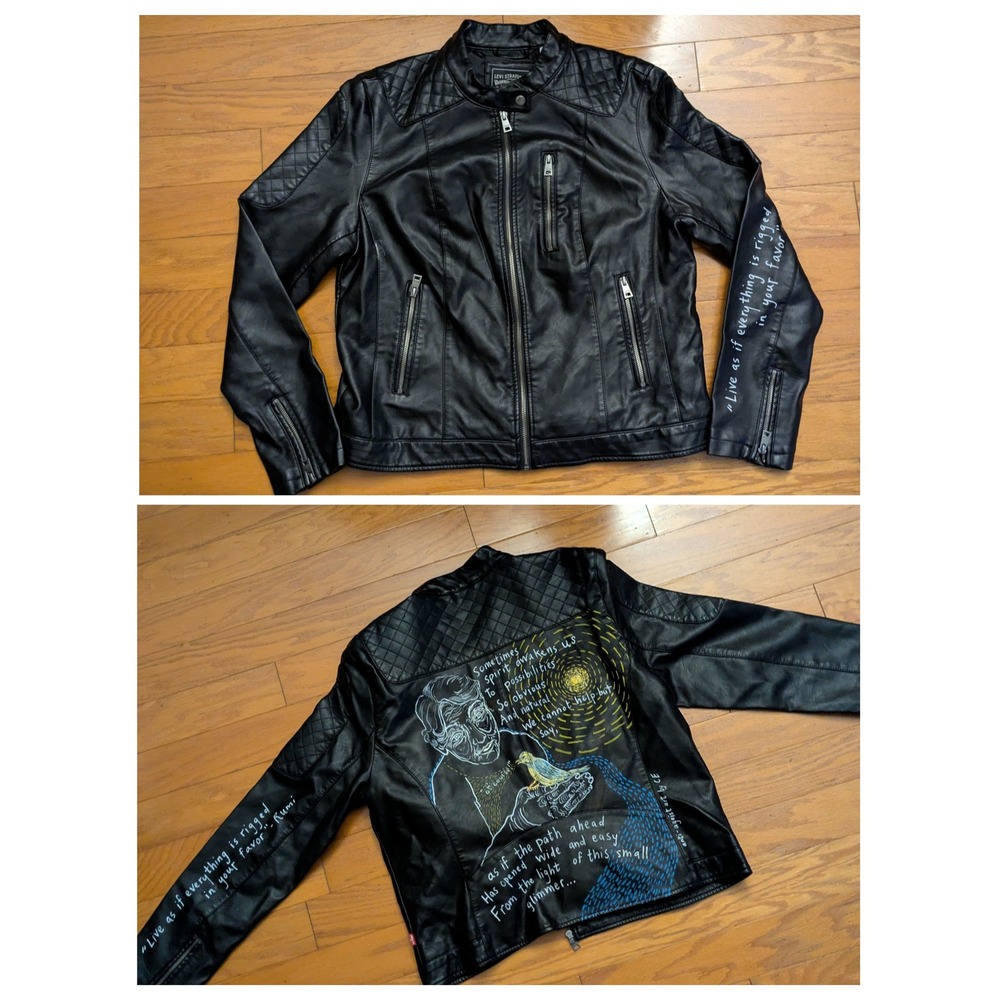 Custom Painted Anti Ageist by CE Black Vegan Leather Levi Jacket Graphic‎ XL